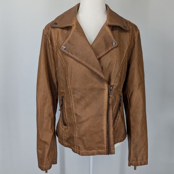 Max Studio Vegan Faux Leather Asymmetric Zip Moto Jacket Cognac Brown Large NWT - Picture 3 of 9